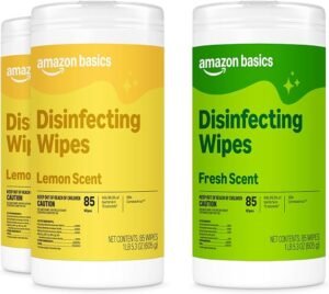 Three packs of Amazon Basics Lemon and Fresh Scent disinfecting wipes totaling 255 counts.