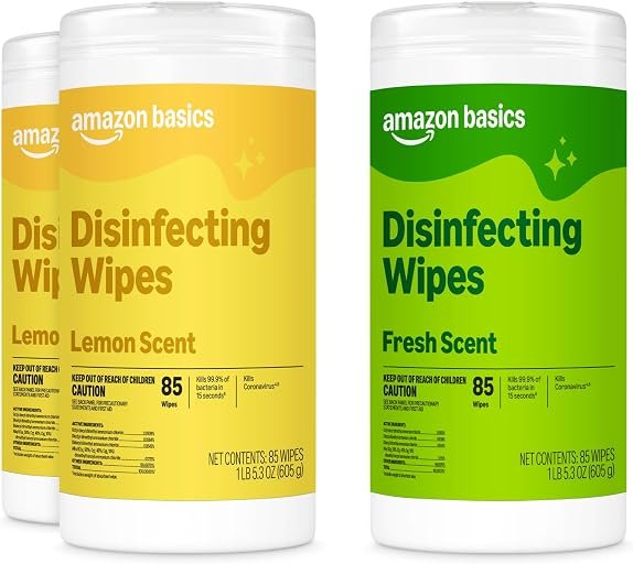 Amazon Basics Disinfecting Wipes, Lemon & Fresh Scent, Sanitizes, Cleans, Disinfects & Deodorizes, 255 Count (3 Packs of 85), Packaging May Vary