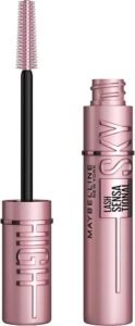 Maybelline Sky High Mascara tube in blackest black with its flexible brush.