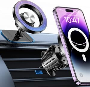 MagSafe car mount for iPhone attached to a car dashboard