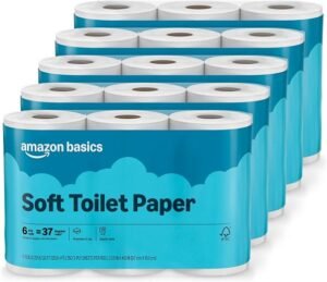 Stacked packs of Amazon Basics 2-ply soft toilet paper rolls.
