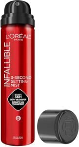 L’Oreal Paris Infallible 3-Second Setting Spray Mist bottle in clear packaging.