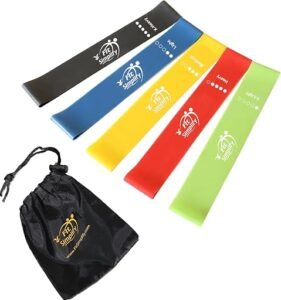 Set of five colorful Fit Simplify resistance bands with carry bag.