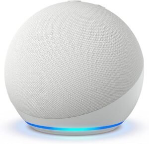 Amazon Echo Dot smart speaker in Glacier White on a flat surface.
