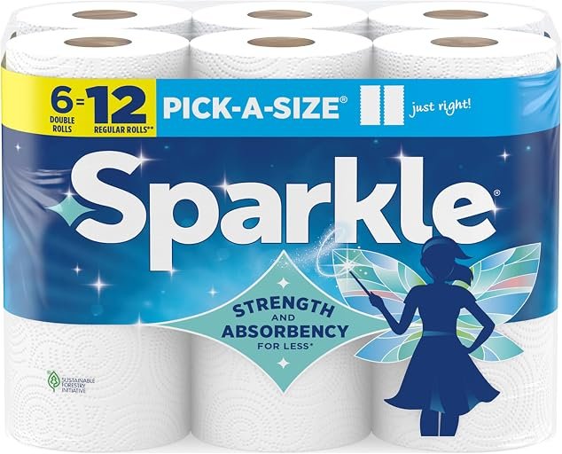 Sparkle Pick-A-Size Paper Towels, 6 Double Rolls (660 Sheets Total) – Strong 2-Ply Towels for Kitchen Cleanup and Everyday Messes