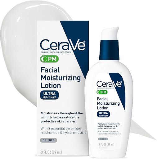 CeraVe PM Facial Moisturizing Lotion, Night Cream with Hyaluronic Acid and Niacinamide, Ultra-Lightweight, Oil-Free Moisturizer for Face, 3 Ounce