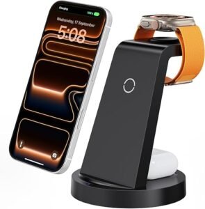 Anlmz 3 in 1 charging station powering an iPhone, Apple Watch, and AirPods on a desk.