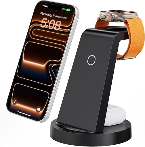 Anlmz 3 in 1 Charging Station – Wireless Charger for Apple Multiple Devices | Fast Charge Stand for iPhone 17-8 iWatch Airpods 4 3 Pro No Tangled Cables Ideal for Desk Bedside with 18W Adapter Black