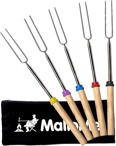 MalloMe Smores Sticks for Fire Pit Long – Marshmallow Roasting Sticks Smores Kit – Smore Skewers Hot Dog Fork Campfire Cooking Equipment, Camping Essentials S’mores Gear Outdoor Accessories 32″ 5 Pack