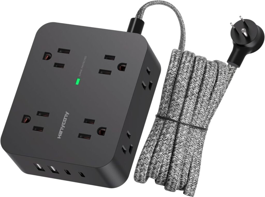 HANYCONY Surge Protector Power Strip, 1080J, 5 Ft Braided Extension Cord | 8 Outlets 4 USB Ports(2 USB C), Outlet Extender, Flat Plug, Wall Mount, Desk Charging Station, Home Office, Dorm Room ETL