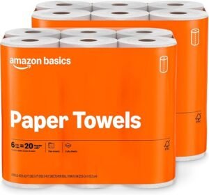 Bulk pack of Amazon Basics paper towels showing rolls with flex-sheets