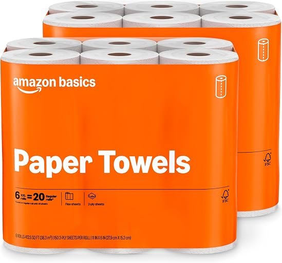 Amazon Basics 2-Ply Flex-Sheets Paper Towels, 12 Rolls = 32 Regular Rolls, 150 Sheets per Roll, Lint-Free for Multi-Surface Cleanups