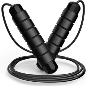 Black speed jump rope with ergonomic foam handles on a clean background.