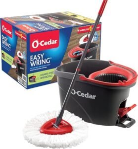 O-Cedar EasyWring microfiber spin mop and foot-pedal bucket system in red and gray