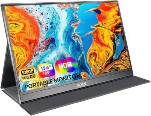 MNN portable monitor displaying vibrant colors in a smart case.