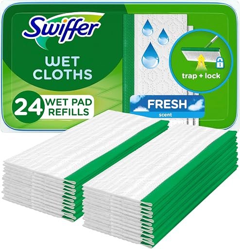 Swiffer Sweep + Mop, Wet Pads Refill, Microfiber Floor Cleaner for Dirt, Dust, Hair, Cleaning Cloths for Mopping Home, Bathroom, Kitchen, All Purpose Multi-Surface Floor Wipes, Fresh, 24ct