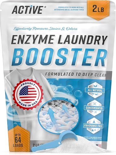 Enzyme Laundry Booster Odor Remover – 2 lbs Unscented Enzymatic Clothes Stain Cleaner Powder, Natural Deodorizer with Bio Active Enzymes, Detergent Additive Eliminator for Sweat, Oil, Blood – 64 Loads
