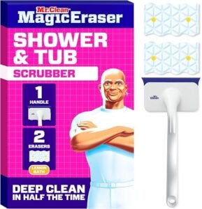 Mr. Clean shower scrubber starter kit with handle and two foam pads.