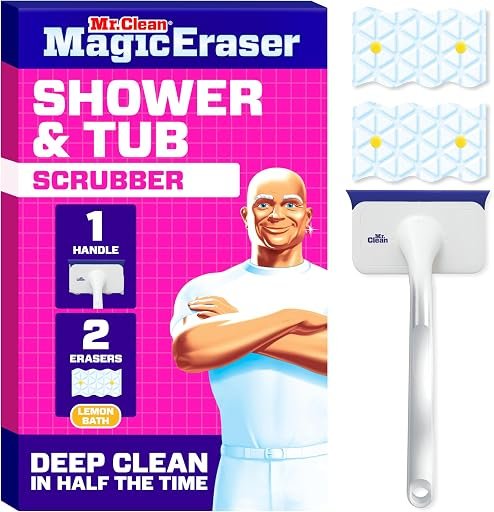 Mr. Clean Magic Eraser Shower & Tub Scrubber, Bathroom Cleaner, All in One Bathroom Cleaner, Lemon Starter Kit, 1 Scrubber & 2 Foaming Magic Erasers