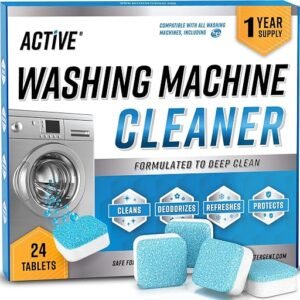 Pack of washing machine cleaner tablets next to a front load washer