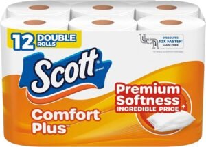 A package of Scott ComfortPlus Toilet Paper containing 12 double rolls.