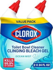 Two bottles of Clorox Toilet Bowl Cleaner Clinging Bleach Gel in Ocean Mist scent.