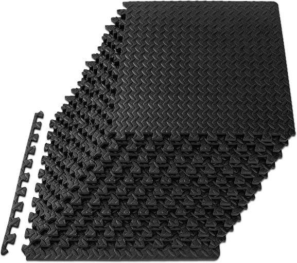 ProsourceFit Puzzle Exercise Mat ½ in, EVA Interlocking Foam Floor Tiles for Home Gym, Water-Resistant Mats Workout Equipment, Floor Padding for Kids, Black, 24 in x 24 in x ½ in, 48 Sq Ft – 12 Tiles