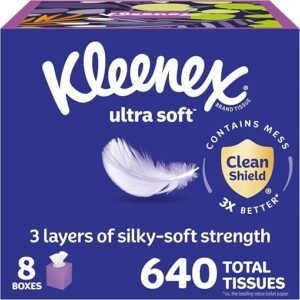 Eight cube boxes of Kleenex Ultra Soft Facial Tissues stacked together.