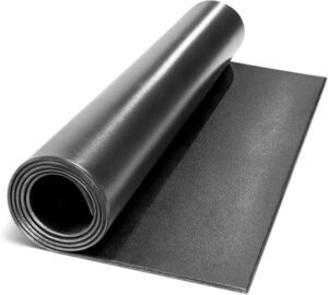 Durable black marcy exercise equipment mat protecting a home gym floor.