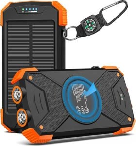 BLAVOR Solar Power Bank with dual flashlights and wireless charging capability.