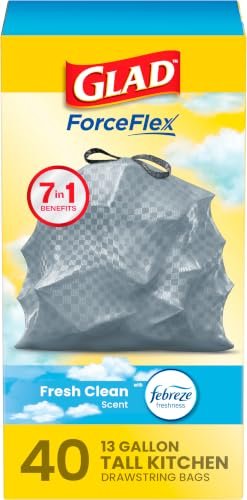 Glad Trash Bags, ForceFlex Tall Kitchen Drawstring Garbage Bags, Fresh Clean, 13 Gal, 40 Ct (Package May Vary)