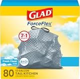 Glad Trash Bags, ForceFlex Tall Garbage Bags, 13 Gallon Grey Trash Bags for Tall Kitchen Trash Can, Fresh Clean with Febreze Freshness to Eliminate Odors, 80 Count (Packaging May Vary)